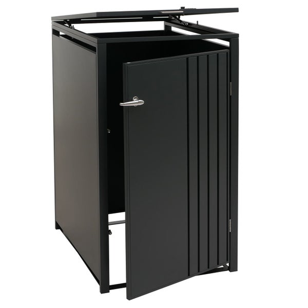 Mülltonnenbox mit einer Tür und einer geöffneten Klappe