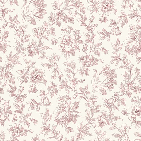 Tapete mit vintage Blumenmuster, detaillierte Zeichnungen von Blüten und Blättern.