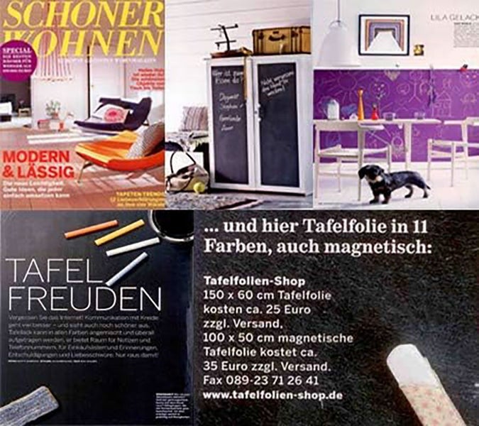 Anwendungsbeispiele für Tafelfolie und magnetische Tafelfolie an Möbeln und Wänden mit Kreidezeichnungen und bunten Kreidestiften.