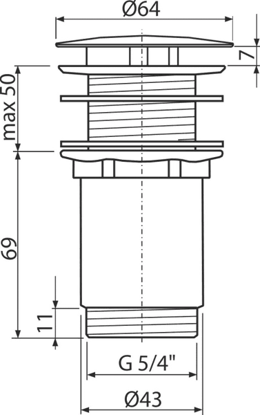 Technische Zeichnung eines Waschbecken-Ablaufventils mit Maßen in Millimetern. Durchmesser oben 64, unten 43, Gewinde G 5/4 Zoll, Höhe maximal 50.