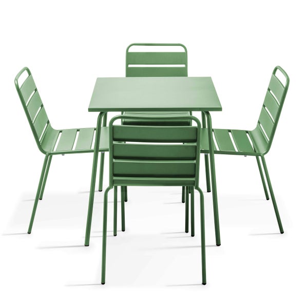 Gartenmöbel Set aus Metall bestehend aus einem quadratischen Tisch und vier Stühlen mit Latten Design in Grün