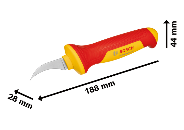 Bosch Professional Abmantelungsmesser mit Hakenklinge, Länge 188 Millimeter, Höhe 44 Millimeter, Breite 28 Millimeter.