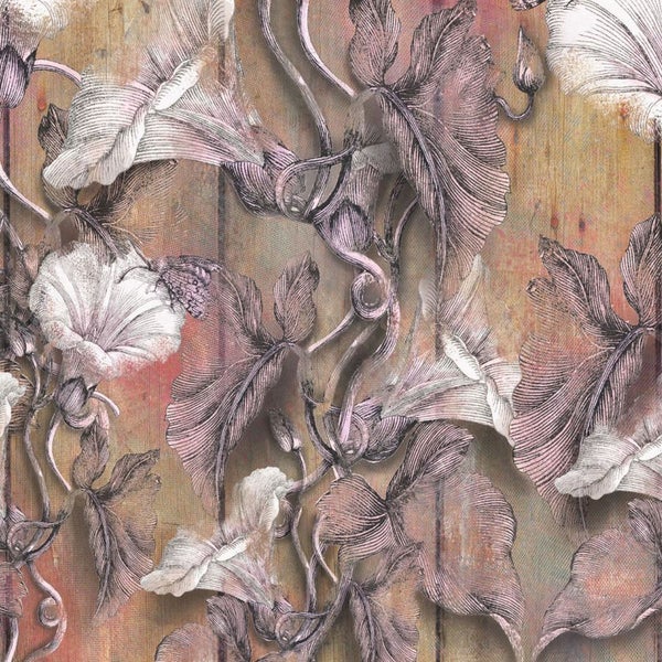 Tapete mit Blüten und Blättern auf Holzstruktur