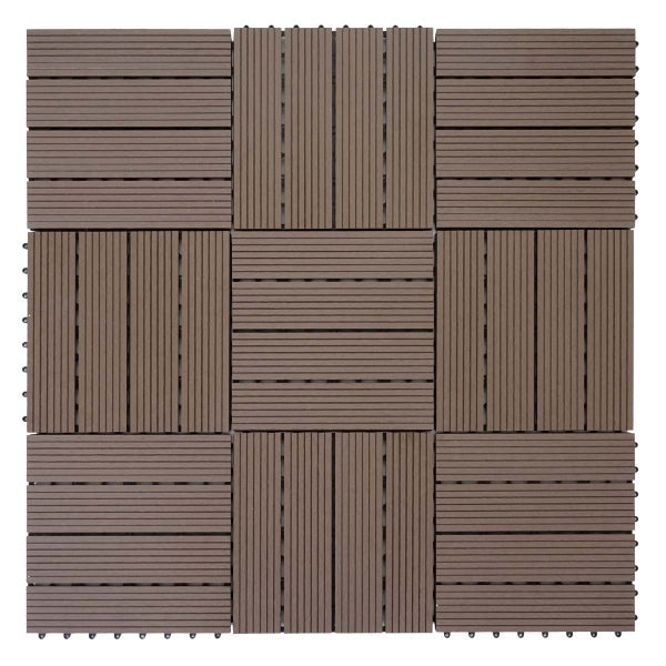 Quadratische braune Terrassenfliese aus Holz-Kunststoff-Verbundwerkstoff mit Klicksystem und gerippter Oberfläche.