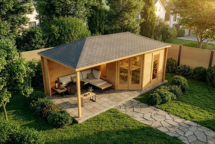 Gartenhaus mit Terrasse und Gartenmöbeln im Außenbereich