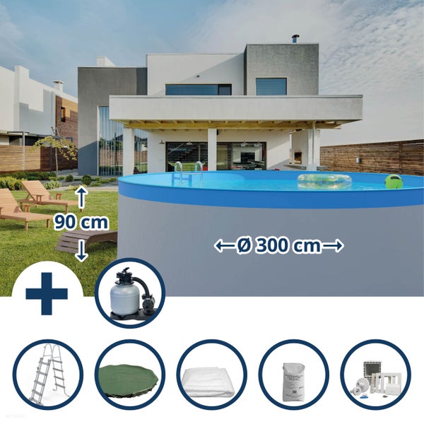 Aufstellpool mit Leiter, Abdeckung, Unterlegvlies, Filtersand und Einbauteilen im Garten