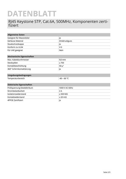 Technisches Datenblatt für RJ45 Keystone geschirmt, Kategorie 6A, 500 Megahertz mit mechanischen und elektrischen Eigenschaften.