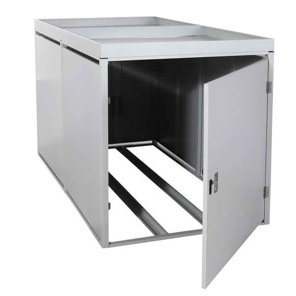 Metall-Fahrradbox mit Pflanzdach und geöffneter Tür, inklusive Schloss und Bodenrahmen.