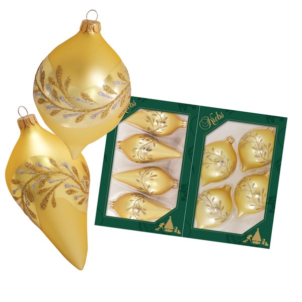 Gold matte 9cm Zwiebelformen und 10cm Tropfenformen aus Glas mundgeblasen und handekoriert mit Blattdesign, 8 Stck., Weihnachtsbaumkugeln, Christbaumschmuck, Weihnachtsbaumanhänger