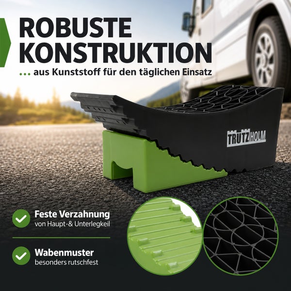 Trutzholm Auffahrkeil aus robustem Kunststoff für Wohnmobile mit Trutzholm Logo, verzahntem Unterlegkeil und rutschfestem Wabenmuster auf Asphalt.