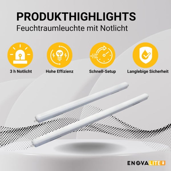 Feuchtraumleuchte mit Notlicht und Produktinformationen