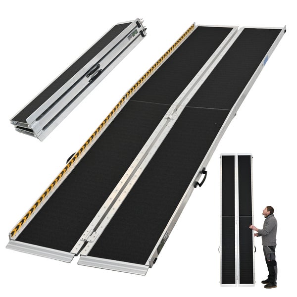 Teleskop Rampe aus Aluminium für Rollstühle, klappbar und ausziehbar mit rutschfester Oberfläche zur barrierefreien Überwindung von Stufen.