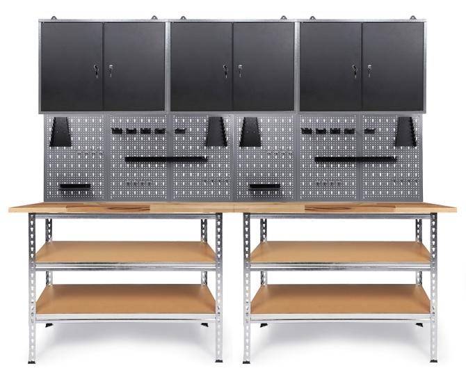 Werkstatteinrichtung mit Werkbank, Lochwand und Hängeschränken