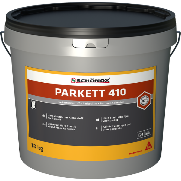 Schönox Parkett 410 hart-elastischer Parkettklebstoff im 18 Kilogramm Eimer. Sehr emissionsarm. Schönox Logo. Sika Logo.