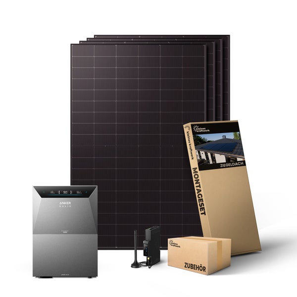 Balkonkraftwerk Set mit Solarmodulen, Anker SOLIX Speicher, Montageset für Ziegeldächer und Zubehörbox.