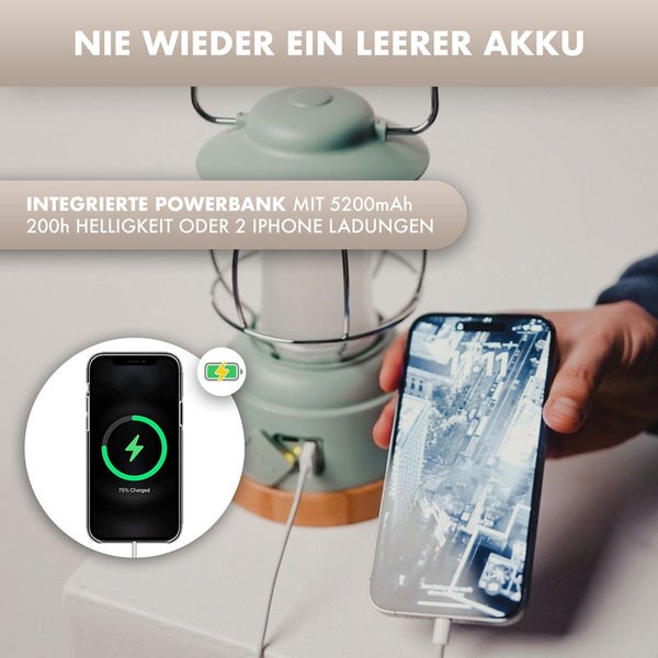 Campinglampe [Bis 200h Leuchtkraft; Wasserdicht] wiederaufladbar, inkl. Powerbank, stufenlos dimmbar, 5200MAh, Outdoor Lampe, Camping, Survival, Led Licht, Akku Lampe, Laterne, SOS, wandern