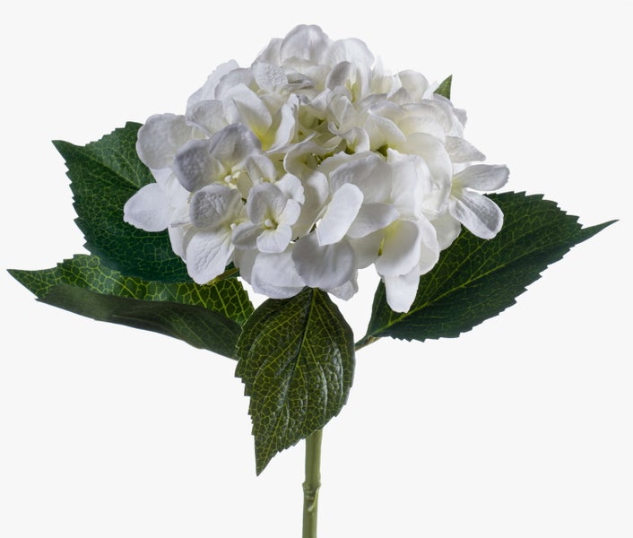 Künstliche Hortensie in Weiß mit grünen Blättern und Stiel.