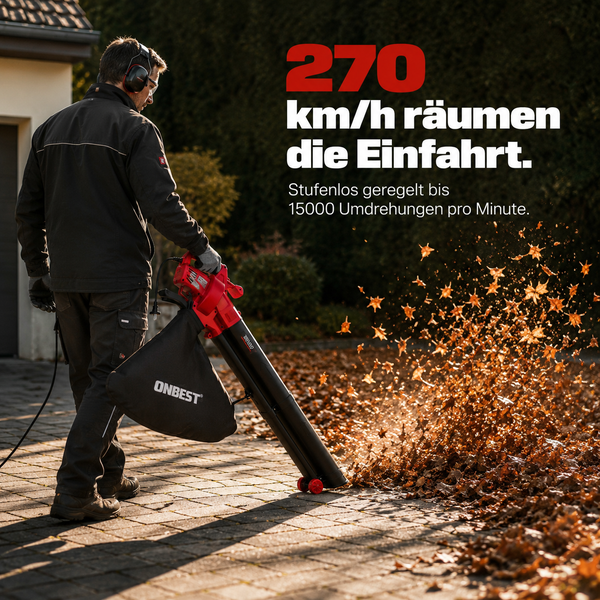 Ein Mann nutzt einen Onbest Laubbläser und Laubsauger auf einer Einfahrt für herbstliches Laub. Luftgeschwindigkeit 270 Kilometer pro Stunde.