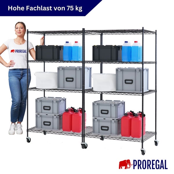 Stabiles Drahtgitterregal auf Rollen mit vier Böden, beladen mit Boxen und Kanistern, Fachlast 75 Kilogramm, Proregal Logo.