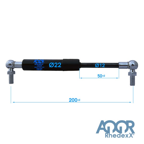 AQOR RhedexX Gasfeder mit Winkelgelenken, 125 Newton, Gesamtlänge 200 Millimeter, Hub 50 Millimeter, Durchmesser 22 und 12 Millimeter.