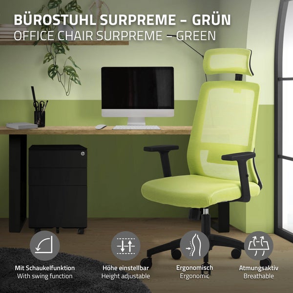 ML-Design Bürostuhl ergonomisch, Grün, Mesh, Schreibtischstuhl mit Verstellbarer Kopfstütze, Armlehnen, Lendenwirbelstütze, Wippfunktion, Drehstuhl mit Rollen, Computerstuhl Chefsessel Gaming Stuhl