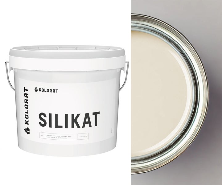 Kolorat Silikat Wand und Deckenfarbe im 5 Liter Eimer mit Blick in den offenen Eimer