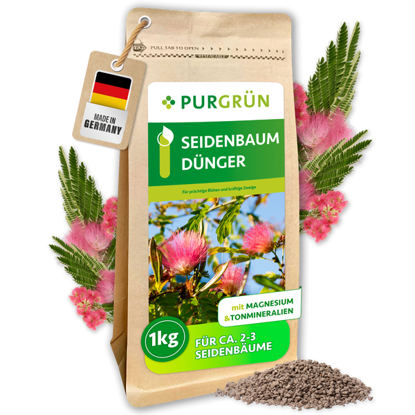 Eine Packung Purgrün Seidenbaum Dünger mit einem Kilogramm Inhalt und Made in Germany Siegel