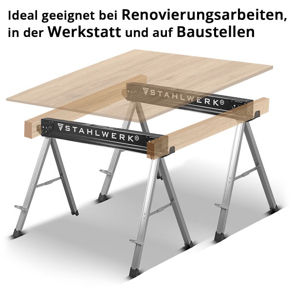 Zwei höhenverstellbare Stahlwerk Sägeböcke mit Holzauflage und Tischplatte