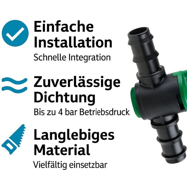 T-Stück für die Bewässerung mit Hinweisen zu einfacher Installation, zuverlässiger Dichtung bis zu 4 bar Betriebsdruck und langlebigem Material.