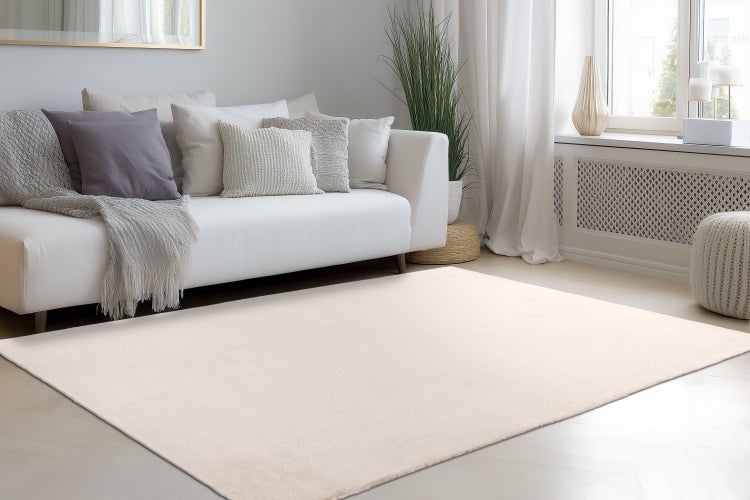 Heller Wohnzimmerteppich in einem modern eingerichteten Wohnzimmer mit Sofa und Dekoration.
