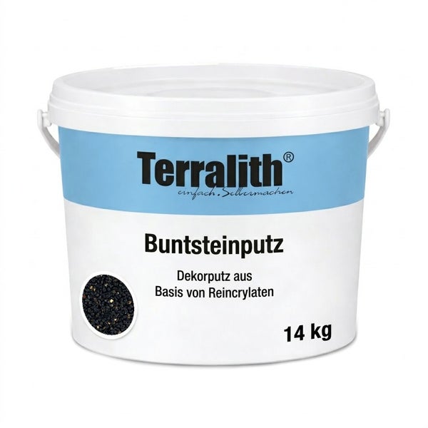 Terralith Buntsteinputz im 14 Kilogramm Eimer, dekorativer Putz auf Reinacrylatbasis mit Natursteinkörnung.