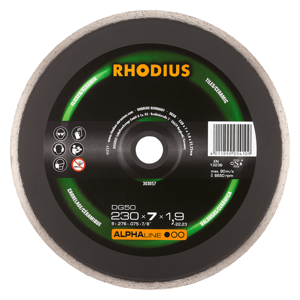 RHODIUS Diamanttrennscheibe DG50, 1 Stück, 115 x 7,0 x 1,6 x 22,23 mm für Fliesen/Keramik, ALPHAline