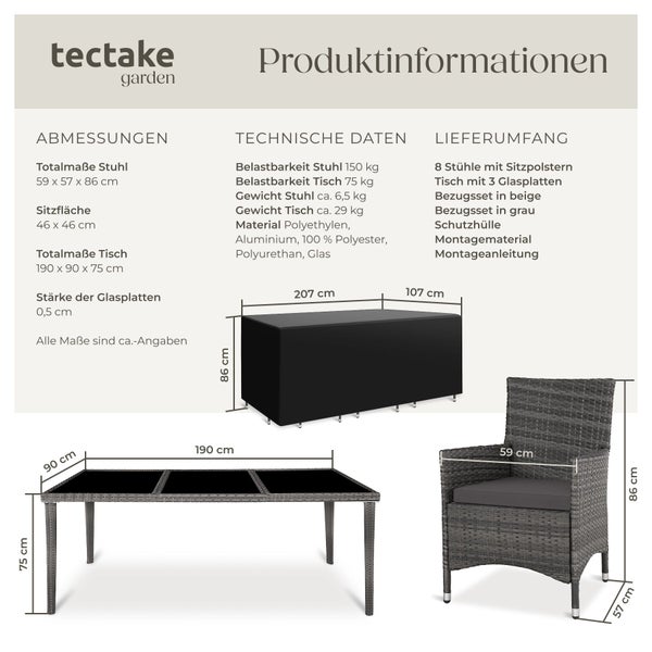 Infografik für Tectake Garden Gartenmöbel-Set mit Abmessungen, technischen Daten und Lieferumfang. Tectake Logo.