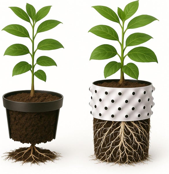 Vergleich des Wurzelwachstums zwischen Standard-Pflanztopf und Air-Pot mit dichterer Wurzelentwicklung im Air-Pot.