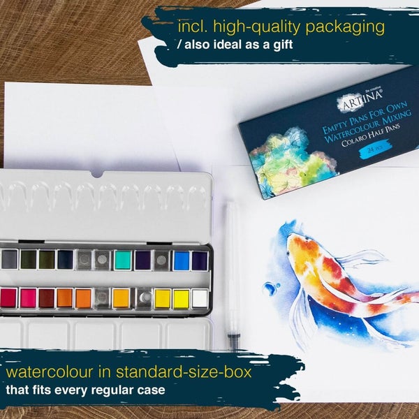 Aquarellfarbenkasten mit Farben, Pinsel und Aquarellzeichnung eines Fisches