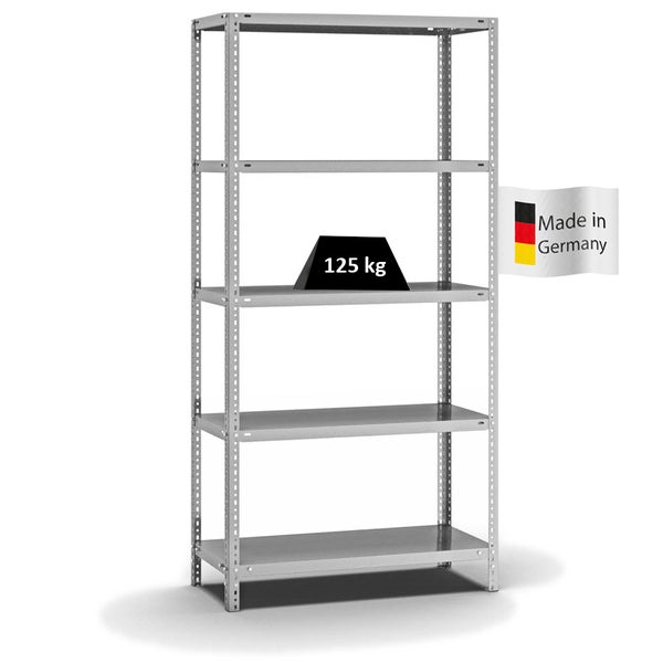 PROREGAL Fachbodenregal Schraubsystem Light-Duty Grundregal HxBxT 200 x 100 x 40 cm 5 Ebenen Fachlast 125 kg Beidseitig Nutzbar Verzinkt