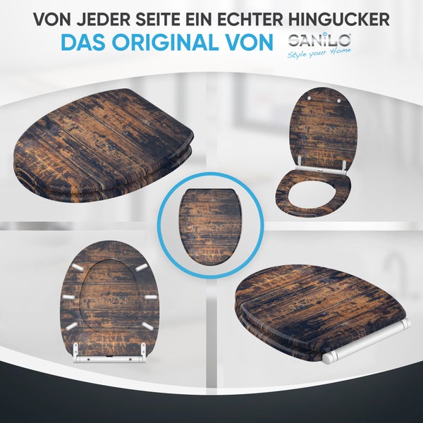 Collage eines Toilettensitzes der Marke Sanilo in verschiedenen Ansichten mit einem rustikalen Holzdekor und Sanilo Logo.