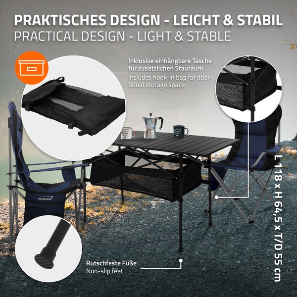 Hauki Campingmöbel Set 3tlg. Campingtisch faltbar Schwarz mit 2 Campingstühlen Schwarz, Camping-Set für 2 Person mit Tragetasche, Alu Klapptisch mit 2 Angelstuhl, Sitzgarnitur Sitzgruppe Gartenmöbel