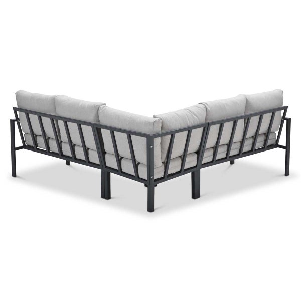 L-förmiges Garten-Lounge-Sofa mit Metallgestell und Polstern, Rückansicht.
