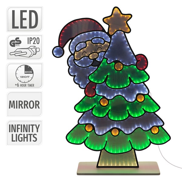 LED Infinity Lichtdekoration Weihnachtsmann mit Tannenbaum, mit Timer und geprüfter Sicherheit für den Innenbereich