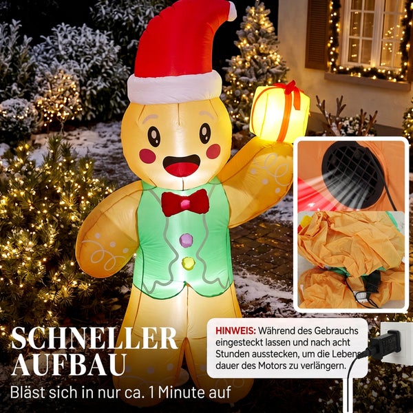 Aufblasbarer LED Lebkuchenmann mit Weihnachtsmütze als Weihnachtsdekoration für den Außenbereich inklusive integriertem Gebläse.