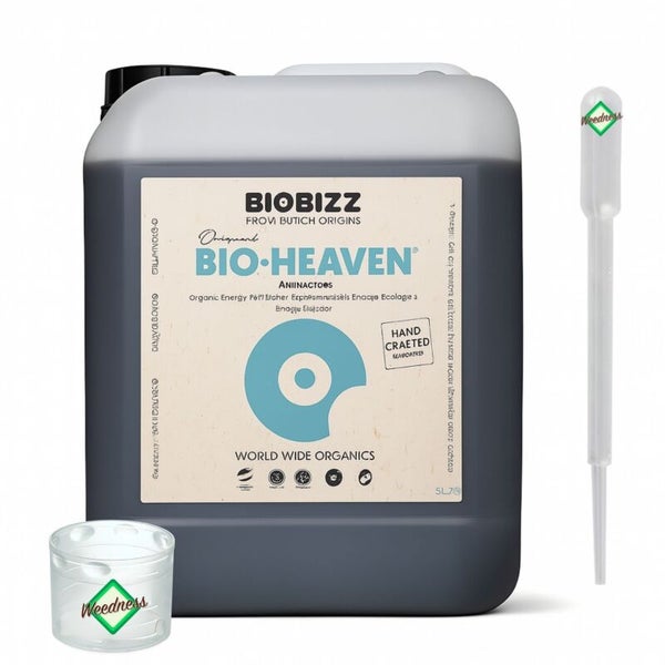 Biobizz Bio-Heaven organischer Booster im 5 Liter Kanister mit Messbecher und Pipette.