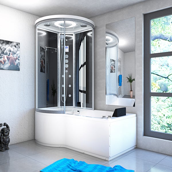 Moderne Dampfdusche kombiniert mit Whirlpool-Badewanne, ausgestattet mit Massagedüsen, Regendusche und integrierter Beleuchtung in hellem Badezimmer.