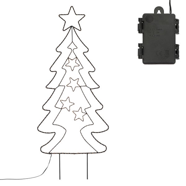 ECD Germany LED Gartenstecker Weihnachtsbaum Tanne 87cm 90 LEDs Warmweiß 6 Std Timer Batteriebetrieben Innen/Außen Metall LED Baum Weihnachten Dekoration Garten Deko Tannenbaum beleuchtet Lichterbaum