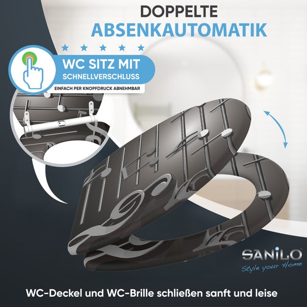 WC-Sitz mit Musiknoten-Design, doppelter Absenkautomatik und per Knopfdruck abnehmbarem Schnellverschluss. Sanilo Logo.