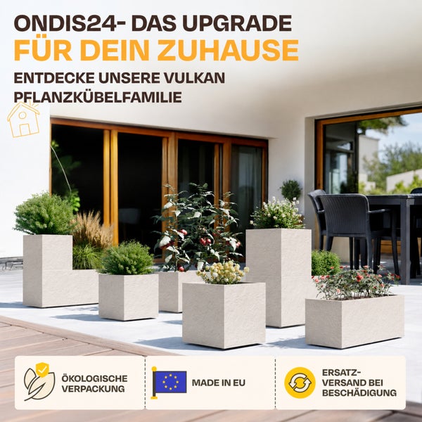 Pflanzkübel der Serie Vulkan von Ondis24 in Steinoptik auf einer Terrasse, ökologische Verpackung, hergestellt in der Europäischen Union.