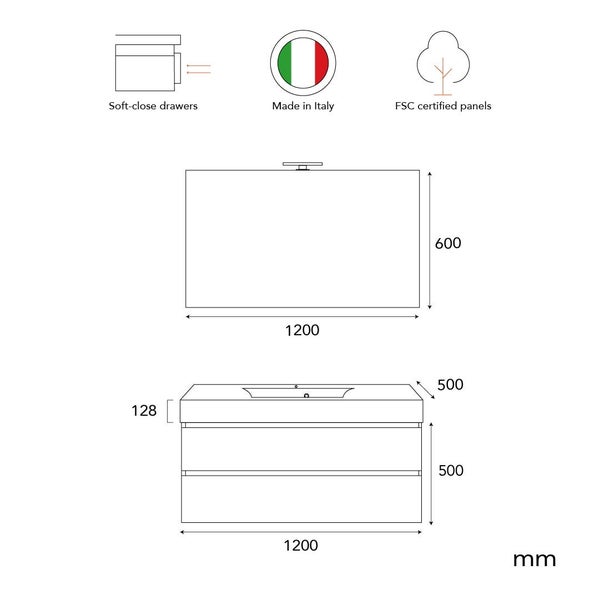 Technische Zeichnung eines Waschtischunterschranks mit Maßen und Icons für Soft-Close-Auszüge, Herkunft Italien und FSC-Zertifizierung.
