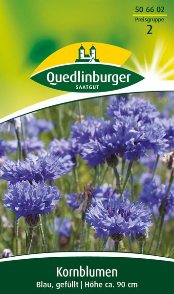 Quedlinburger Saatgut Logo, Samentüte Kornblumen, blau, gefüllt, Wuchshöhe circa 90 Zentimeter.