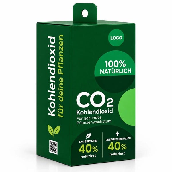 Verpackung mit Kohlendioxid für gesundes Pflanzenwachstum mit Angaben zur Reduzierung von Emissionen und Energieverbrauch um 40 Prozent.