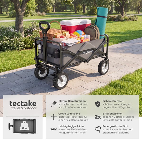 Tectake Bollerwagen für den Outdoor Einsatz mit faltbarem Rahmen, 80 Kilogramm Tragkraft, lenkbaren Rädern und integrierten Außentaschen.
